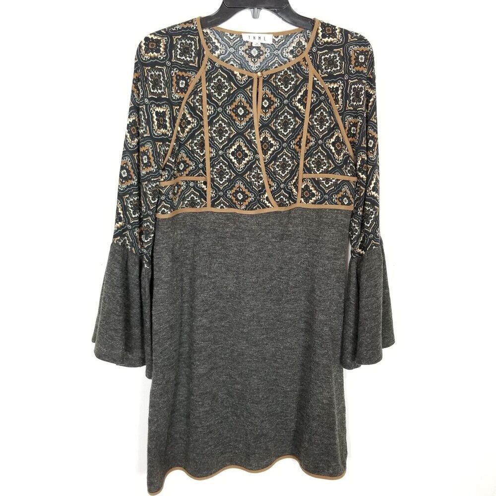 THML Anthropologie Printed Dress Sz M Gray Long Bell Sleeve Boho Lagenlook